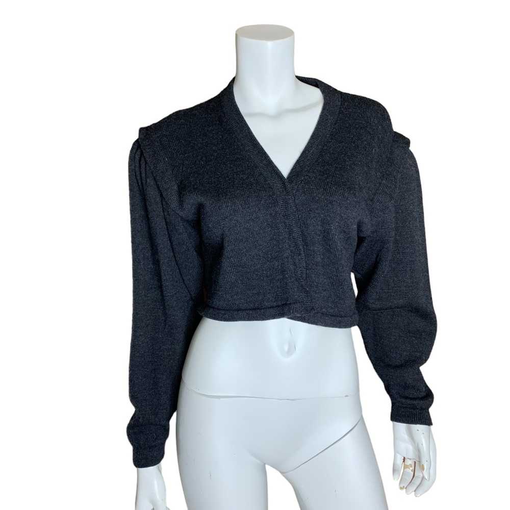 Vintage St John Marie Gray cropped puffy sleeved sweater cardigan size 10